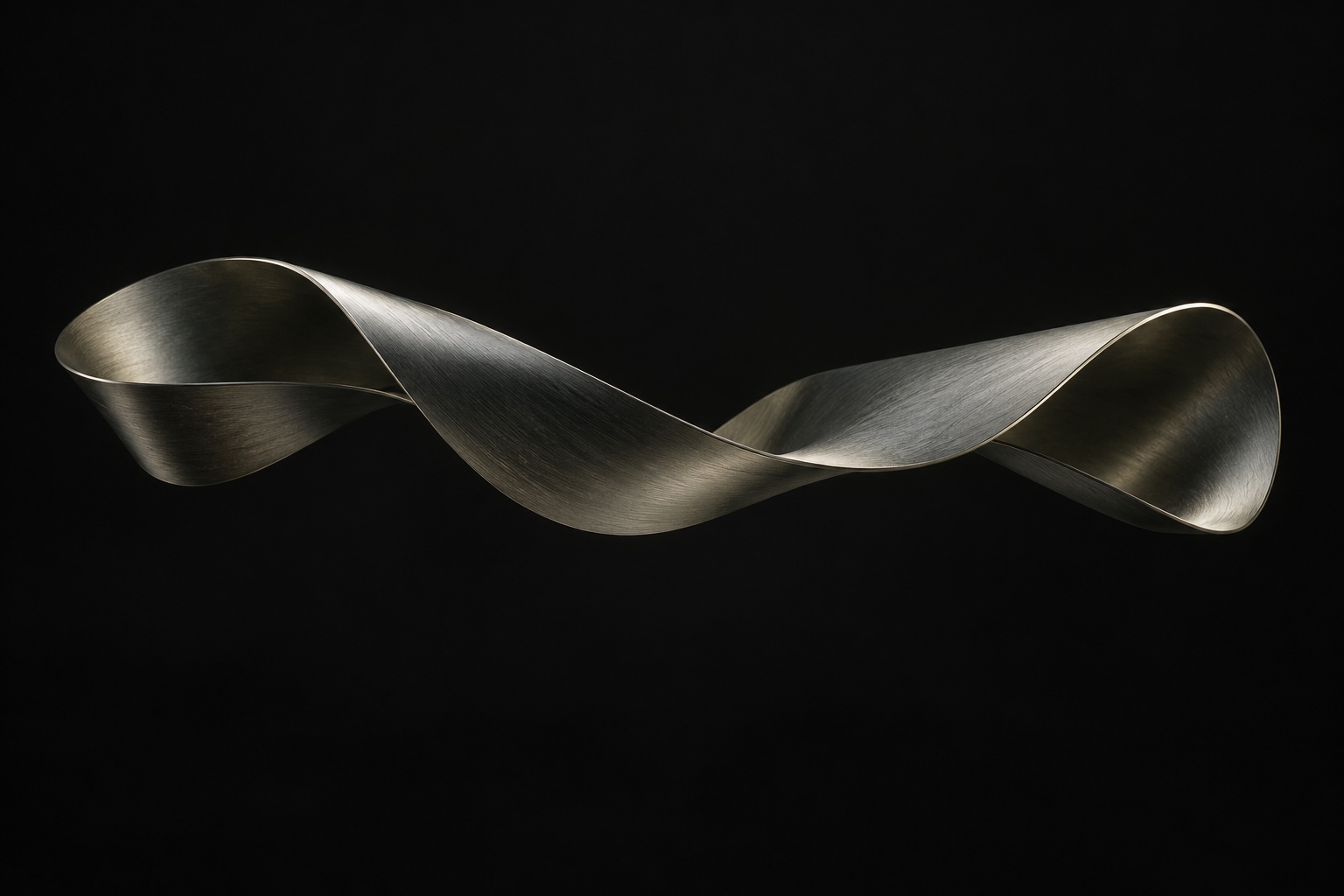 An abstract graphite ribbon folding into a continuous sculptural surface.